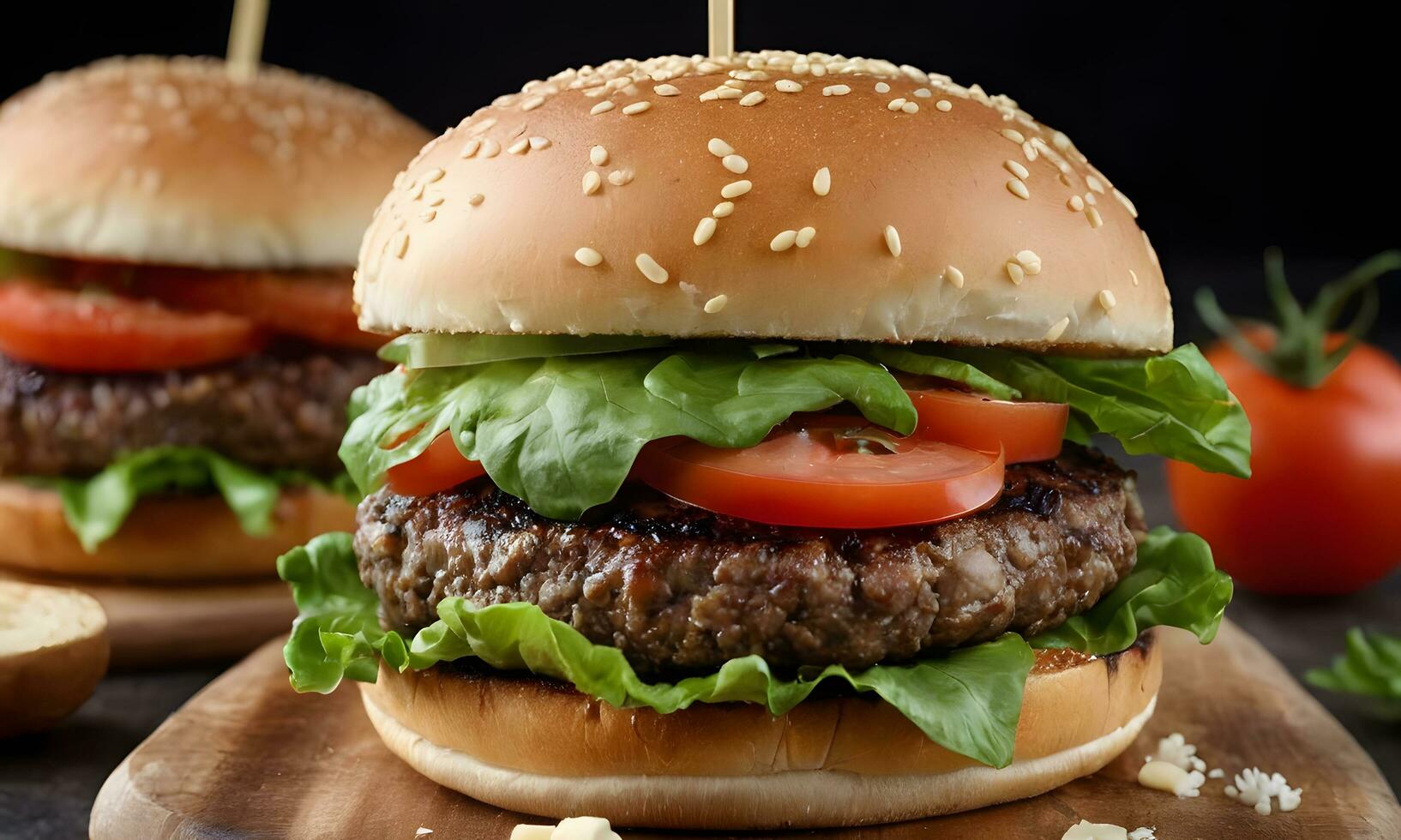 AI generated A mouthwatering, perfectly crafted cheeseburger steals the show in this striking photograph. Placed on a gleaming white background photo