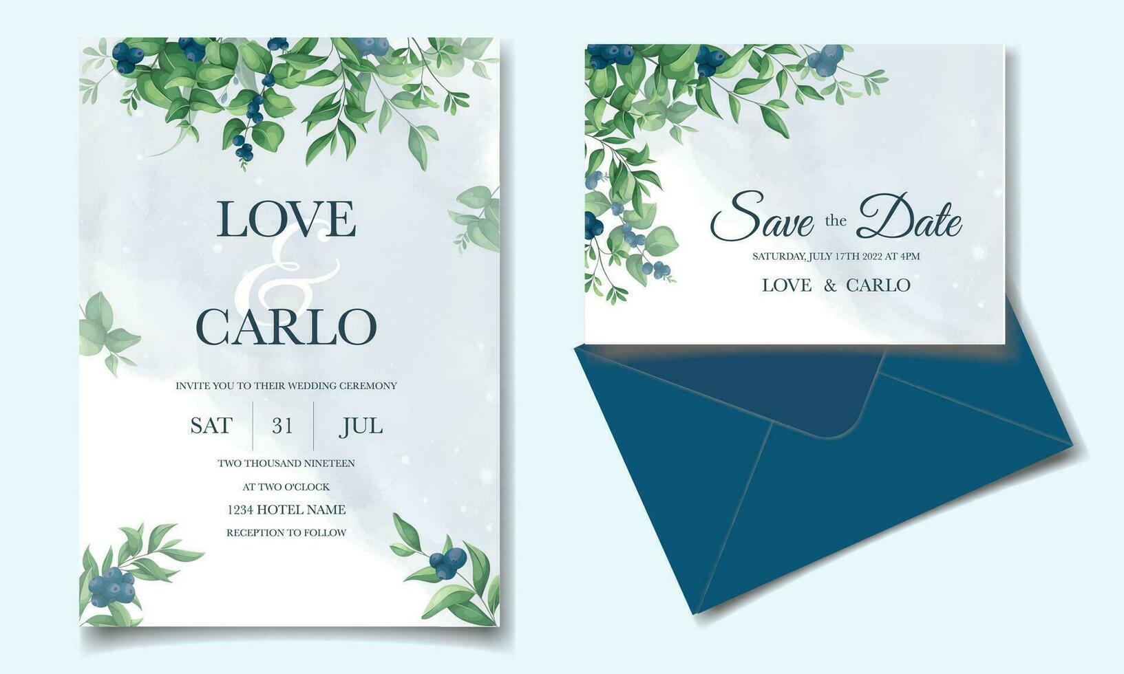 Elegant wedding invitation card with greenery leaves and blueberries vector