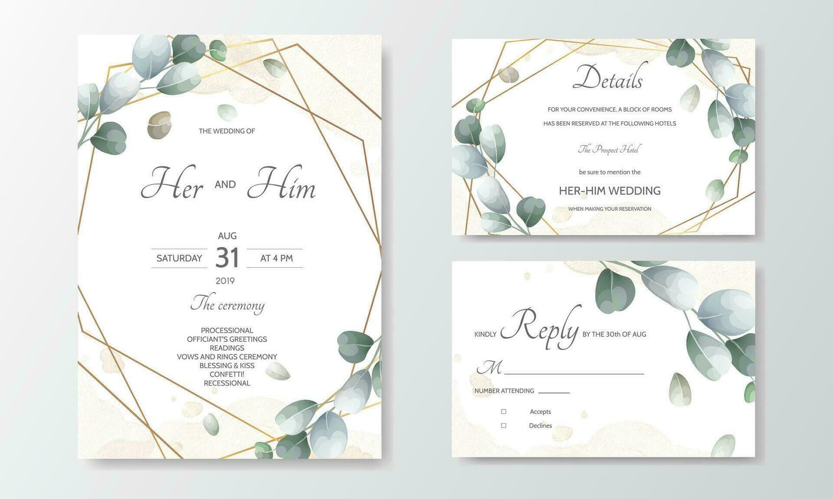 wedding invitation card with Eucalyptus leaves template vector