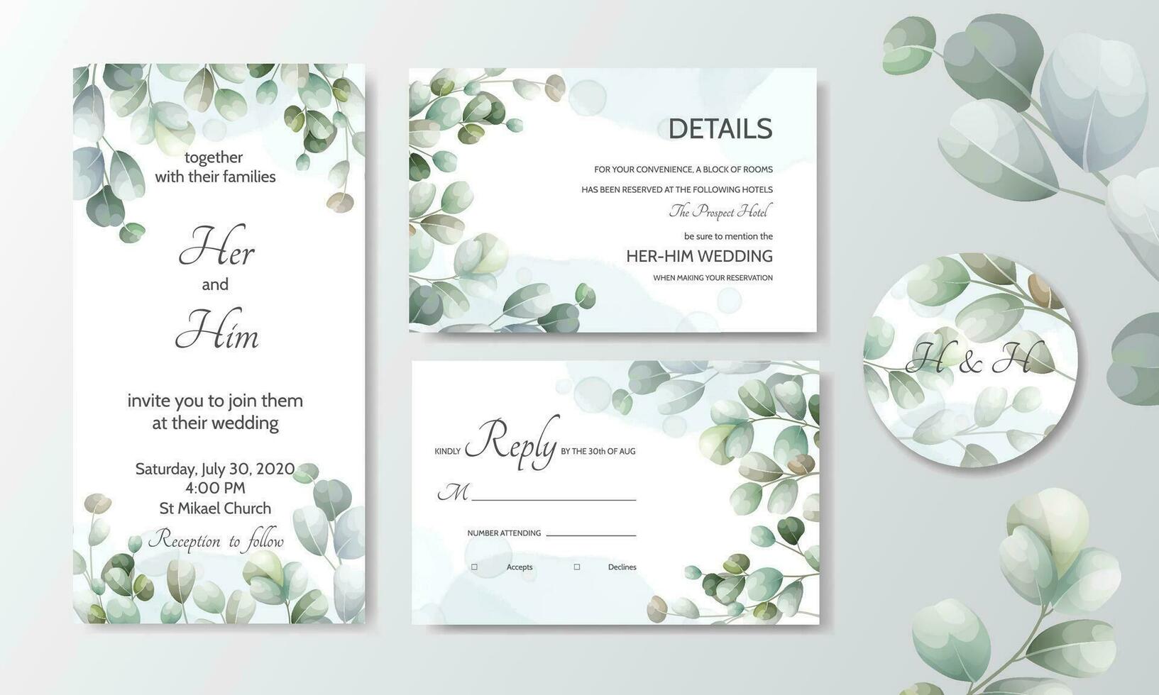 wedding invitation card with Eucalyptus leaves template vector