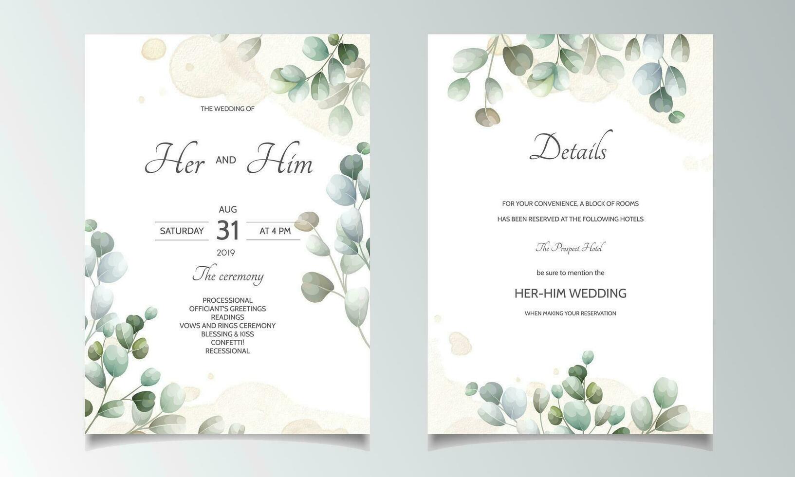 wedding invitation card with Eucalyptus leaves template vector