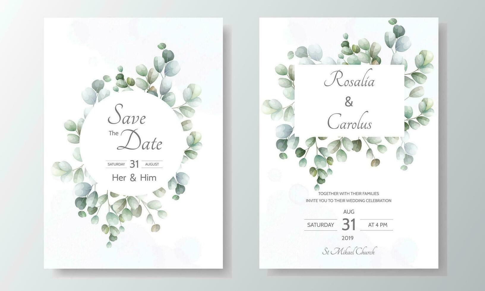 Boda invitación tarjeta con eucalipto hojas modelo vector