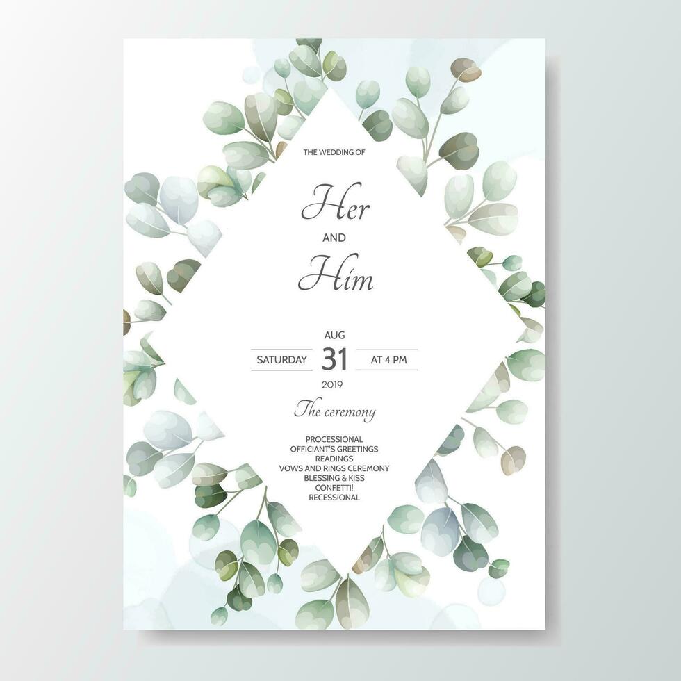 wedding invitation card with Eucalyptus leaves template vector