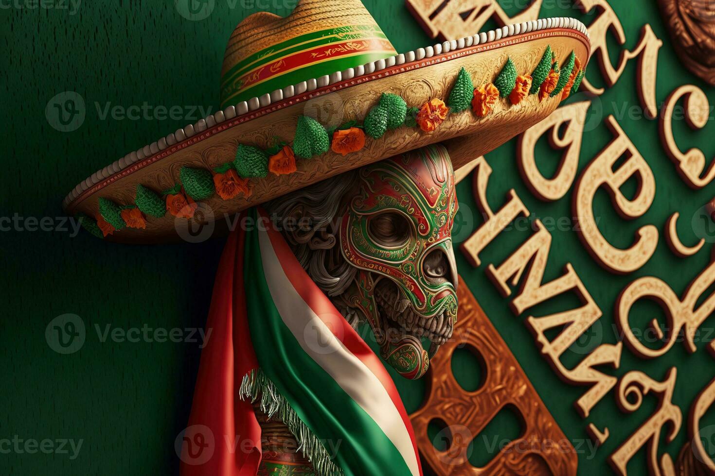 AI generated a mexican skull wearing a sombrero and holding a flag photo