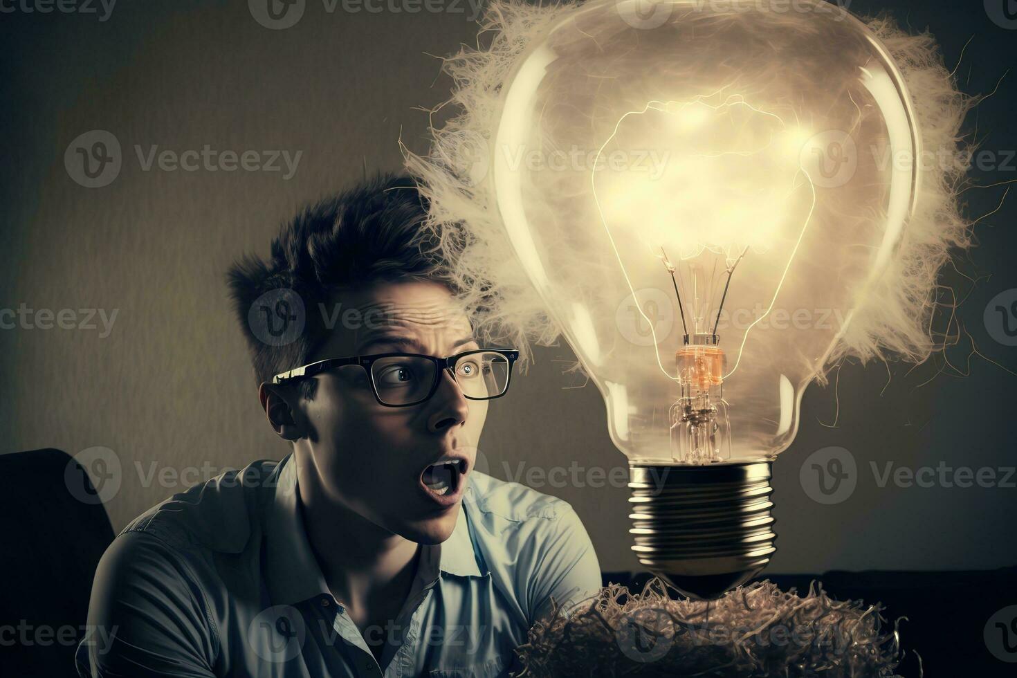 AI generated a man with glasses and a light bulb on his head photo