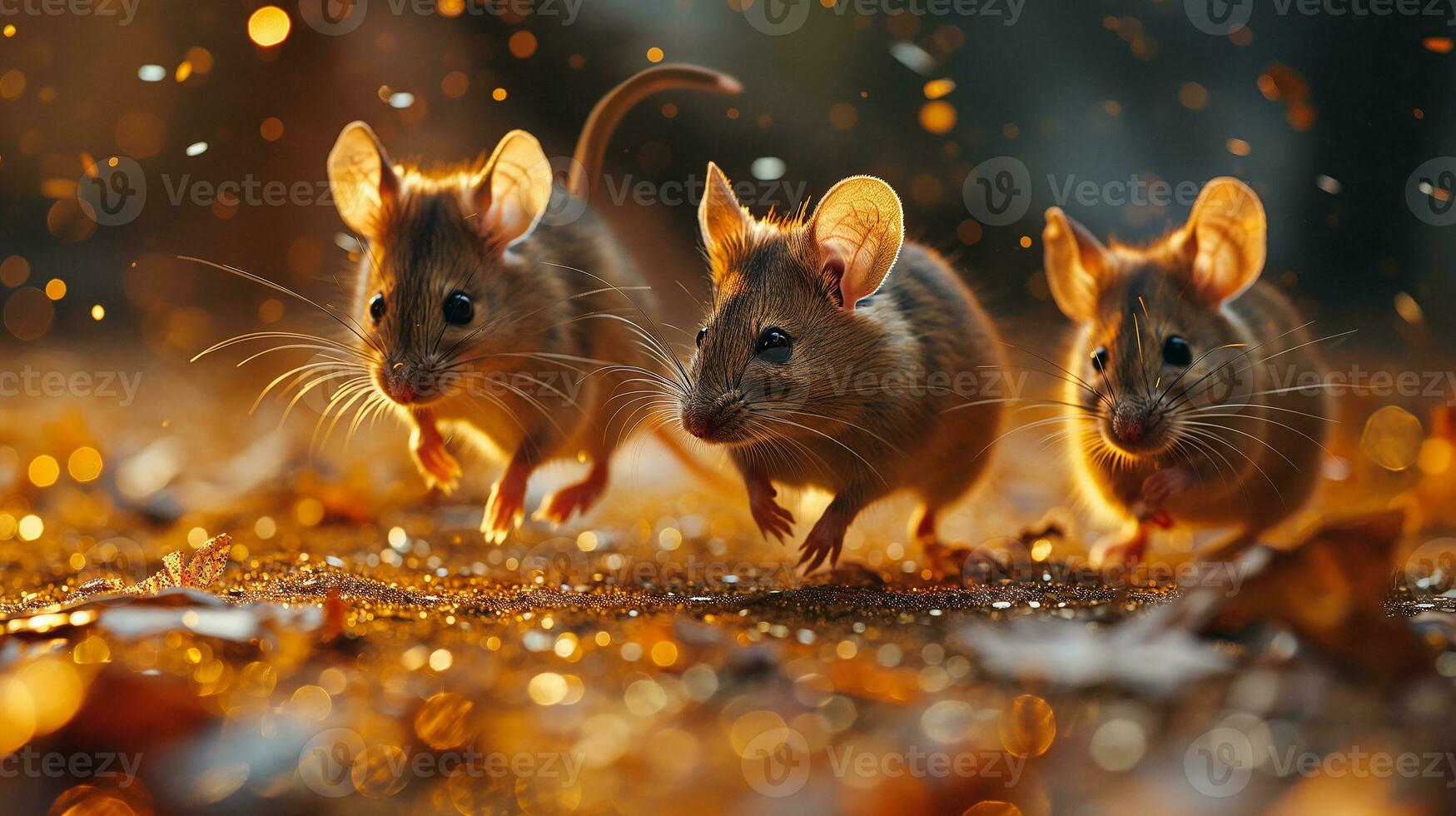 AI generated Three little brown mouse with golden bokeh background. Christmas and New Year concept. photo