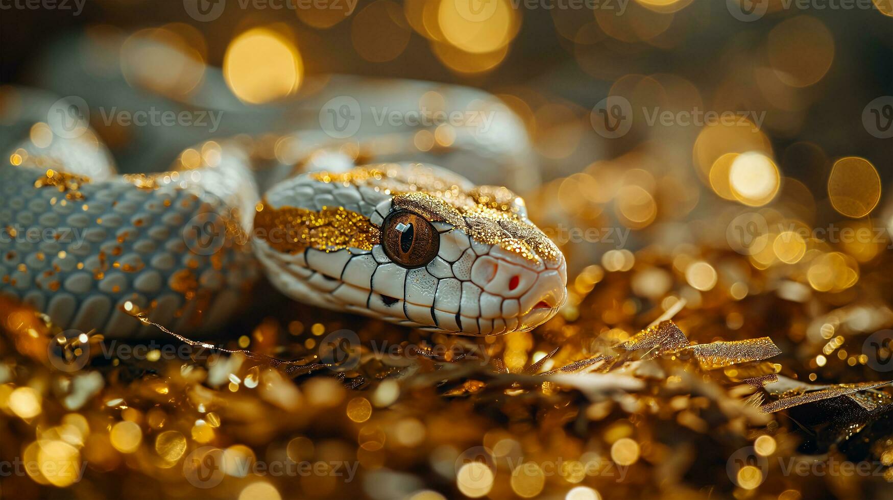 ai generado cerca arriba de un serpiente en dorado bokeh antecedentes con Copiar espacio foto