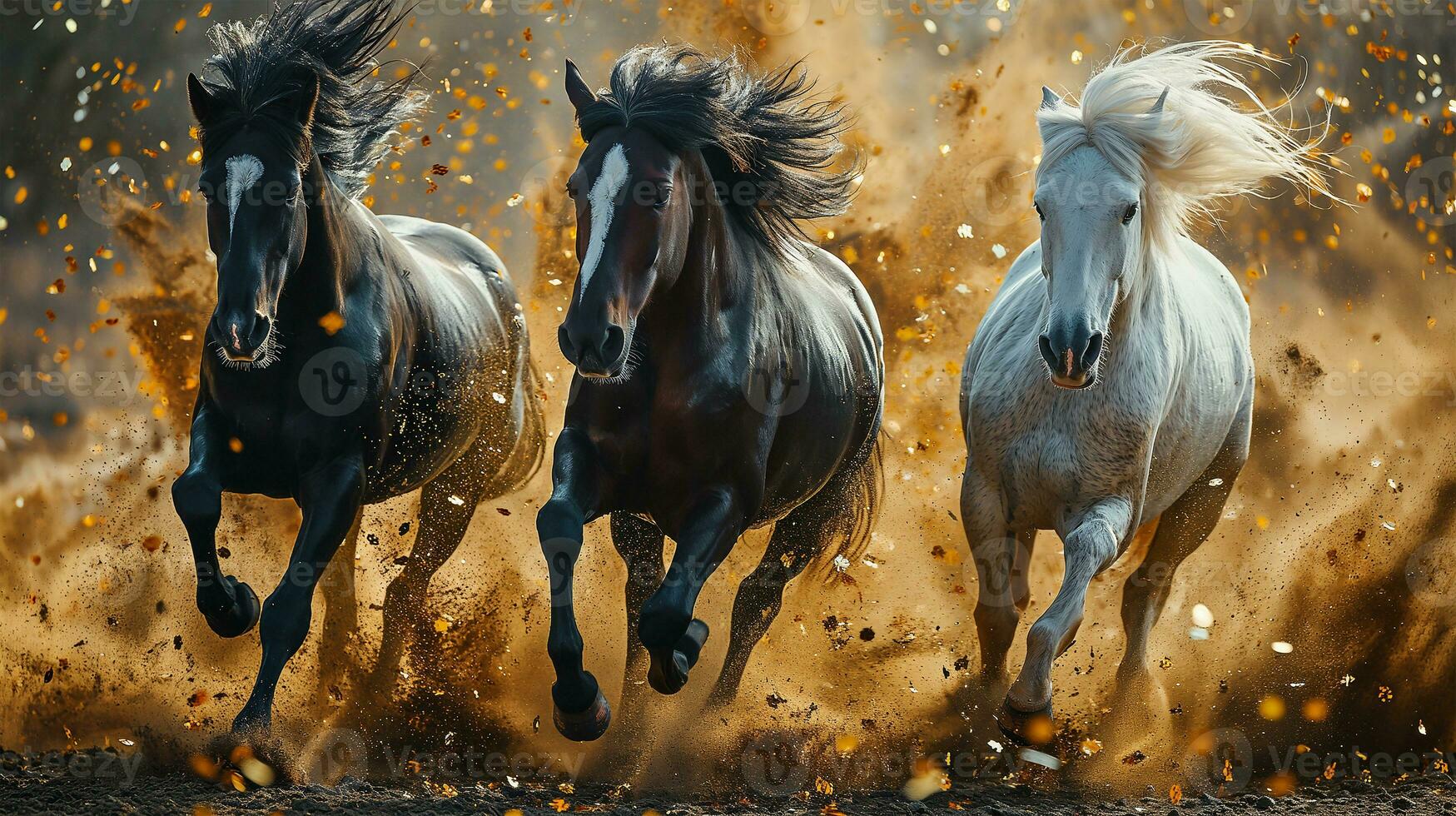 AI generated Three black horses run gallop in dust on a sunny day. photo
