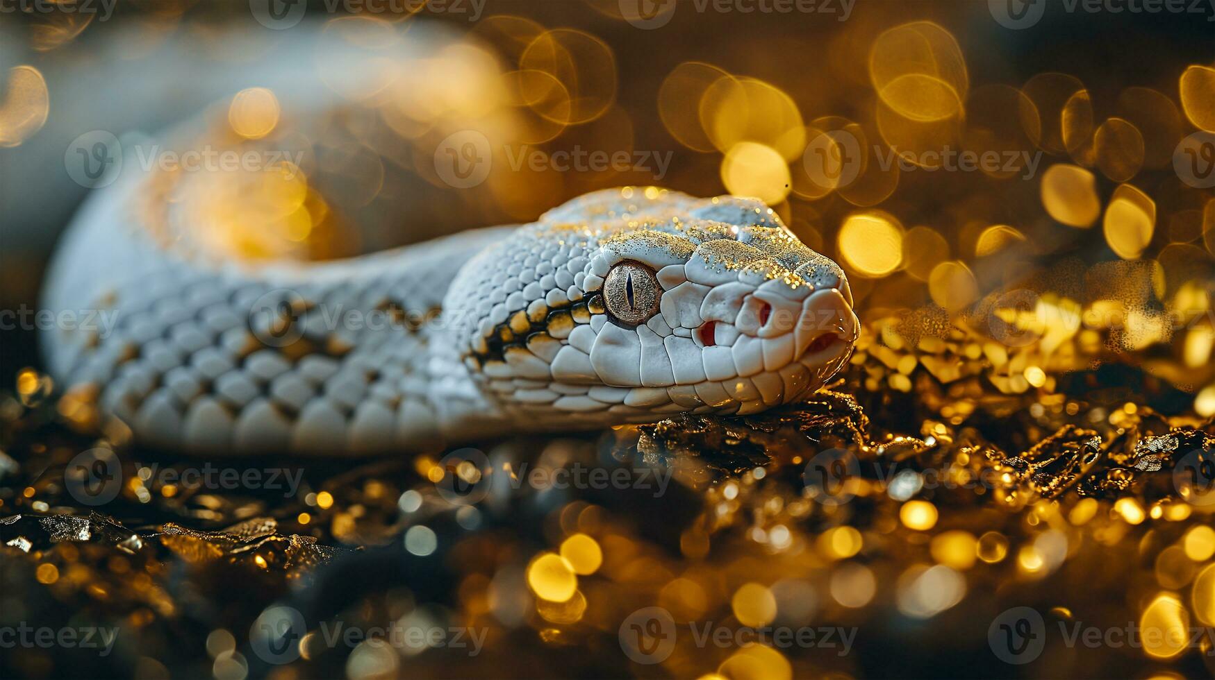 AI generated Close up of a snake on golden bokeh background with copy space photo