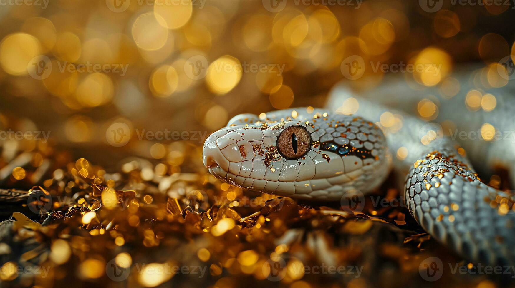 AI generated Close up of a snake on golden bokeh background with copy space photo