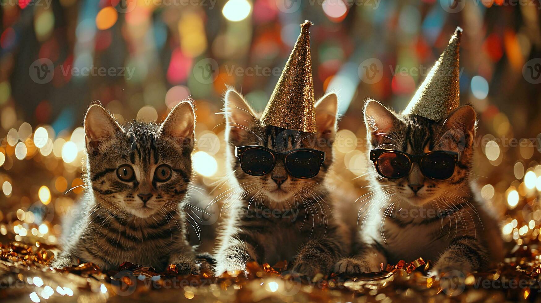 AI generated Three cats with party hats and glasses on blurred background, closeup, on gold blured glitter background, photo