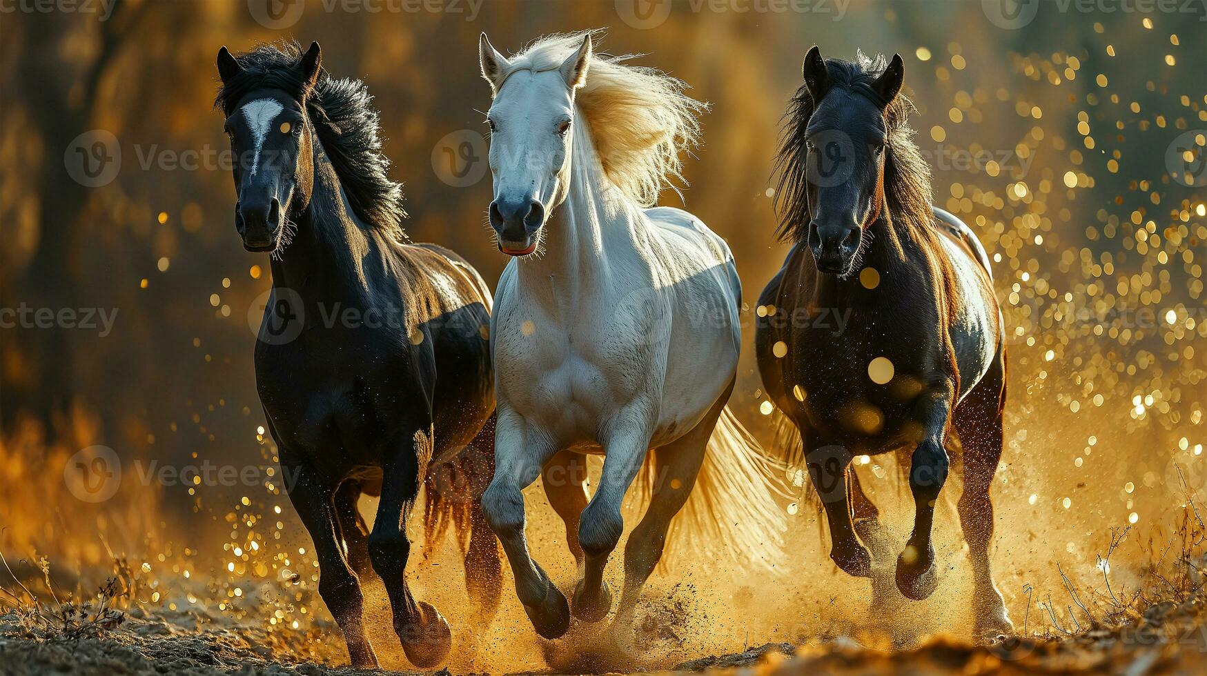 AI generated Three black horses run gallop in dust on a sunny day. photo