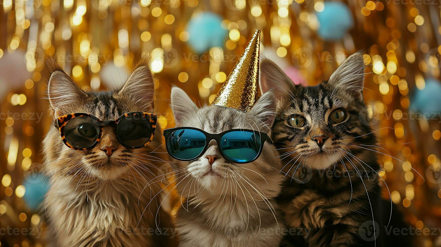 AI generated Three cats with party hats and glasses on blurred background, closeup, on gold blured glitter background, photo