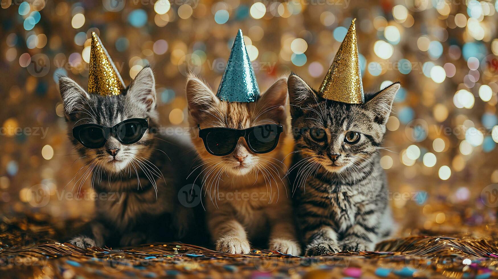 AI generated Three cats with party hats and glasses on blurred background, closeup, on gold blured glitter background, photo