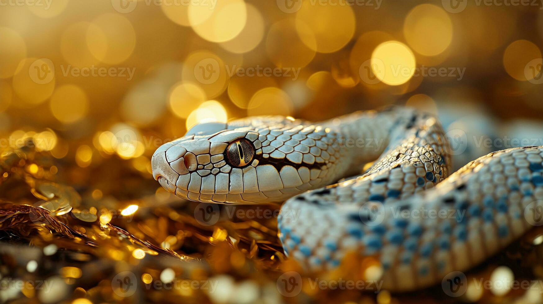 ai generado cerca arriba de un serpiente en dorado bokeh antecedentes con Copiar espacio foto