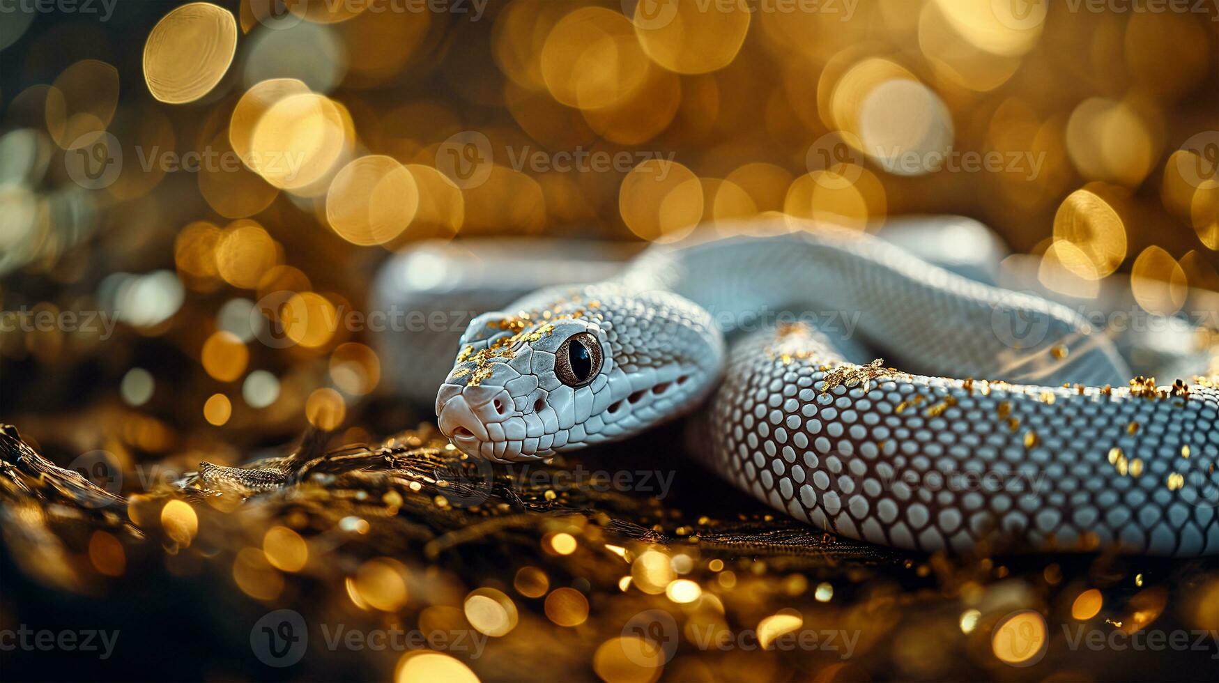 ai generado cerca arriba de un serpiente en dorado bokeh antecedentes con Copiar espacio foto