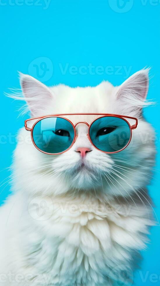 Portrait cool cat concept design, white cat wearing eyes glasses isolated on background, blue texture on background, iOS background style, photo