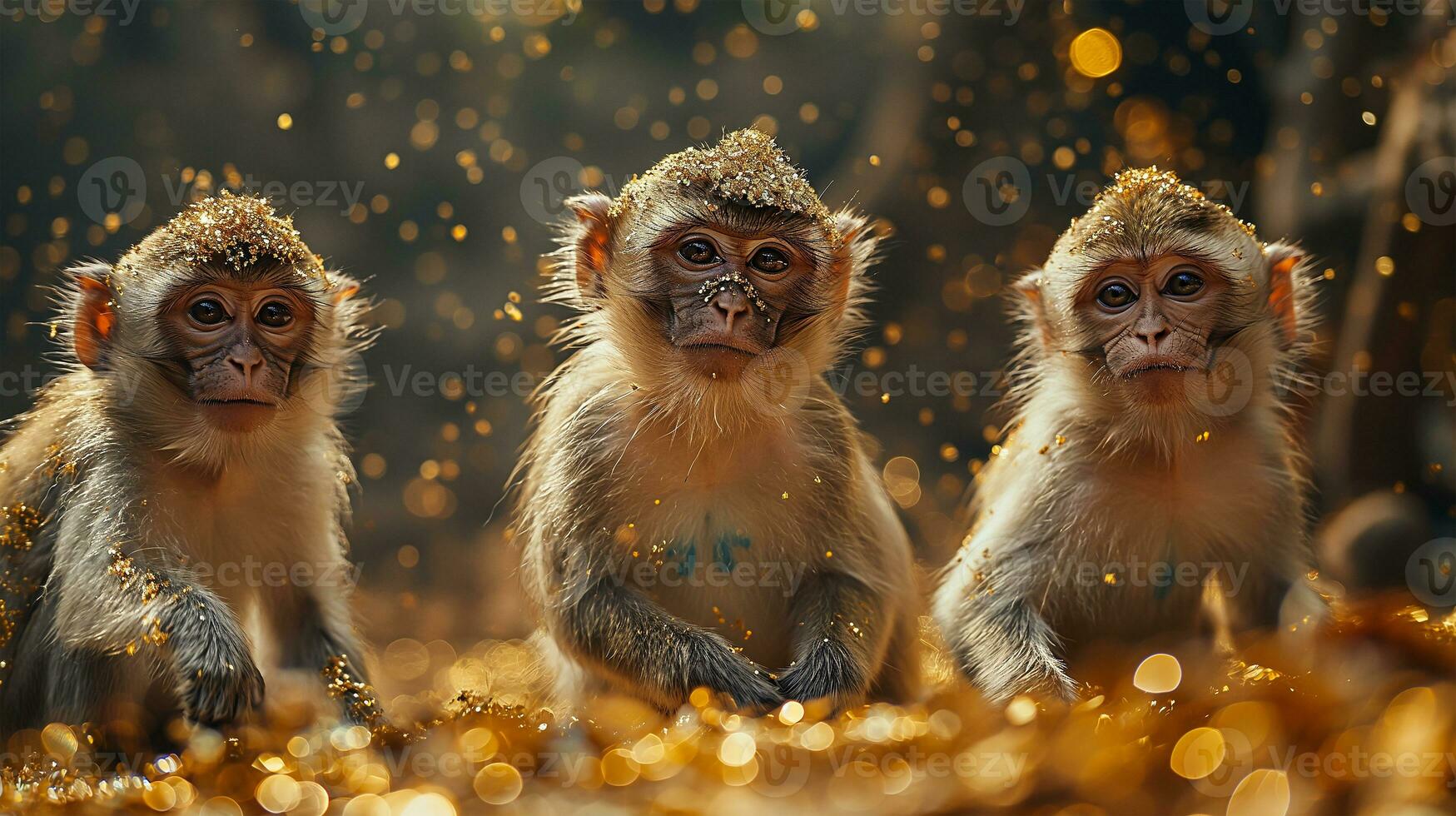 ai generado mono familia sentado en el suelo en el bosque y mirando a cámara foto