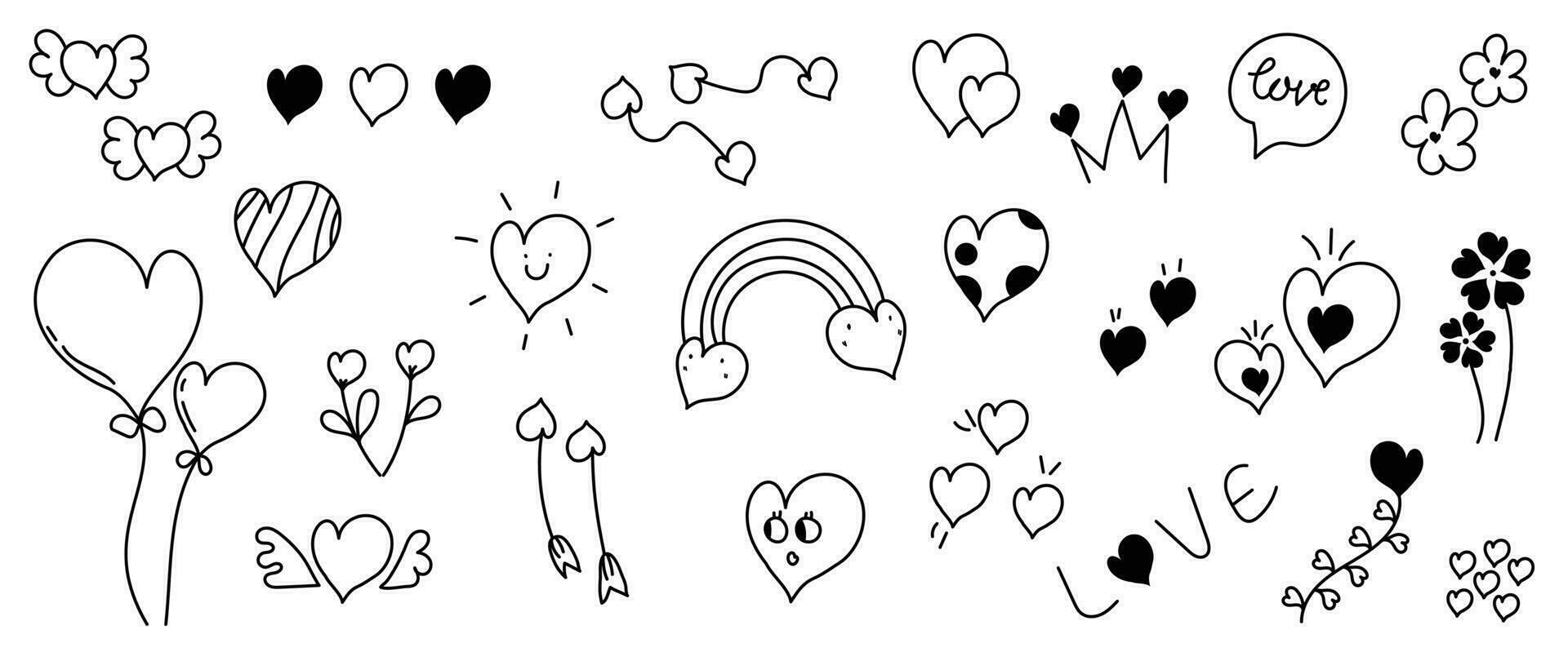 Set of valentine doodle element vector. Hand drawn doodle style collection of different heart shapes, rainbow, arrows, flower, balloon, crown. Design for print, cartoon, card, decoration, sticker. vector