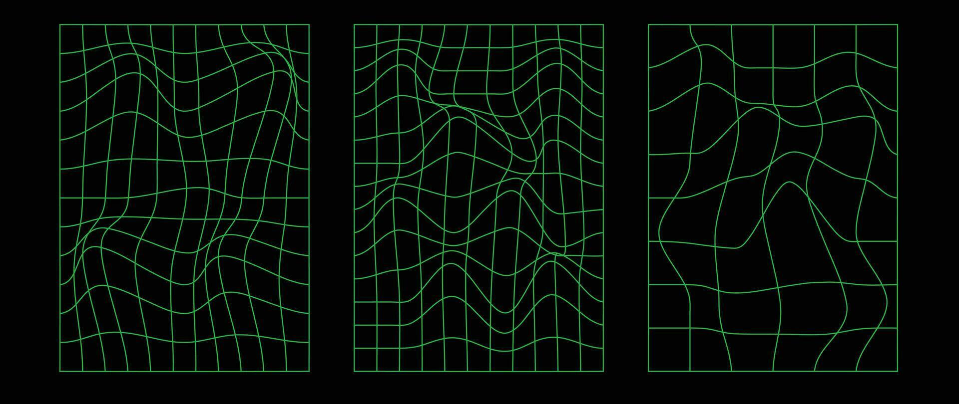 Collection of futuristic cyberpunk style elements. Geometric wireframe of square, distortion, grid with neon green color. Retro graphic on black background for decoration, business, cover, poster. vector