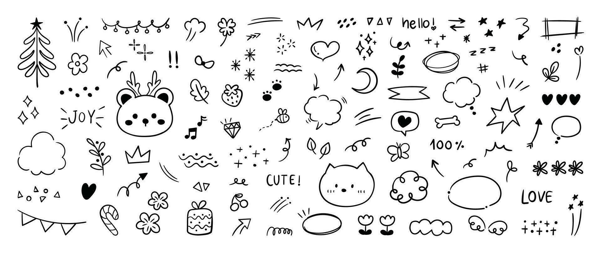 Set of cute pen line doodle element vector. Hand drawn doodle collection of cat, bear, stars, sparkle, words, heart, flower, scribble, arrows. Design for print, cartoon, card, decoration, sticker. vector