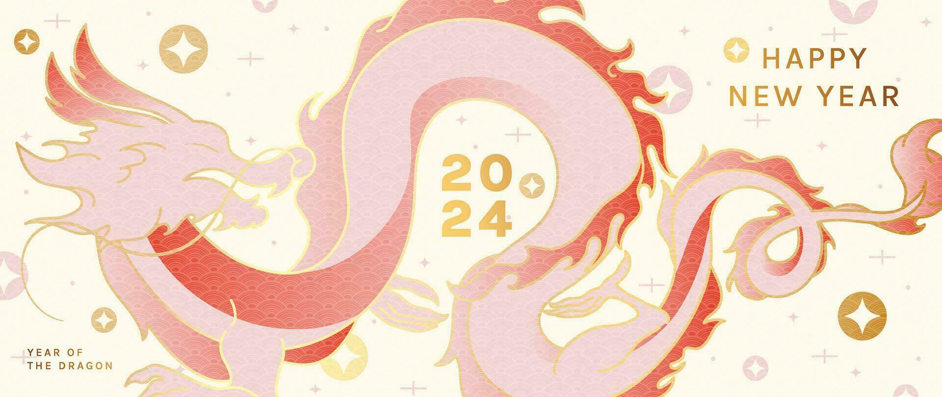 Happy Chinese new year background vector. Year of the dragon design wallpaper with dragon, coin, twinkling stars, pattern. Modern luxury oriental illustration for cover, banner, website, decor. vector
