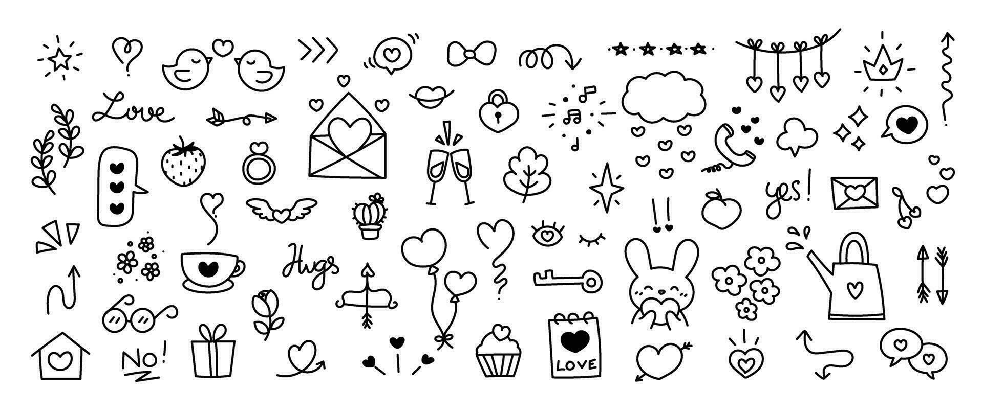 Set of valentine doodle element vector. Hand drawn doodle style collection of heart shaped, speech bubble, arrows, flower, balloon, crown, bow. Design for print, cartoon, card, decoration, sticker. vector
