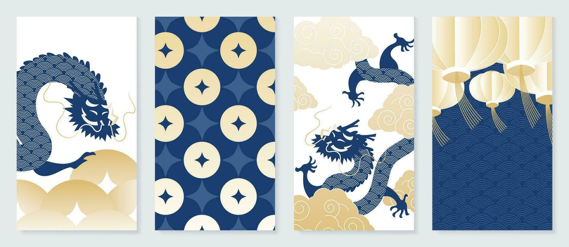 Chinese New Year cover background vector. Year of the dragon design with lanterns, pattern, dragon, Chinese coin, cloud, gold and blue color. Elegant oriental illustration for cover, banner, website. vector