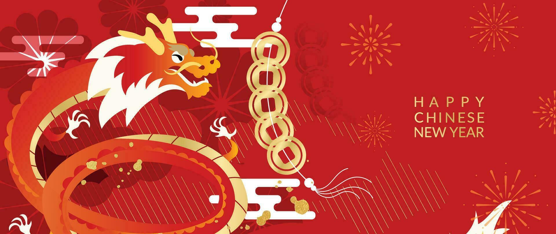 Happy Chinese new year background vector. Year of the dragon design wallpaper with dragon, firework, cloud, flower, coin. Modern luxury oriental illustration for cover, banner, website, decor. vector