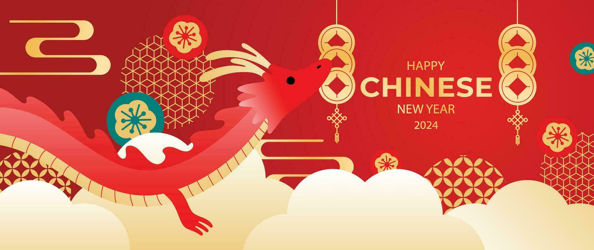 Happy Chinese new year background vector. Year of the dragon design wallpaper with dragon, hanging coin, cloud, pattern. Modern luxury oriental illustration for cover, banner, website, decor. vector