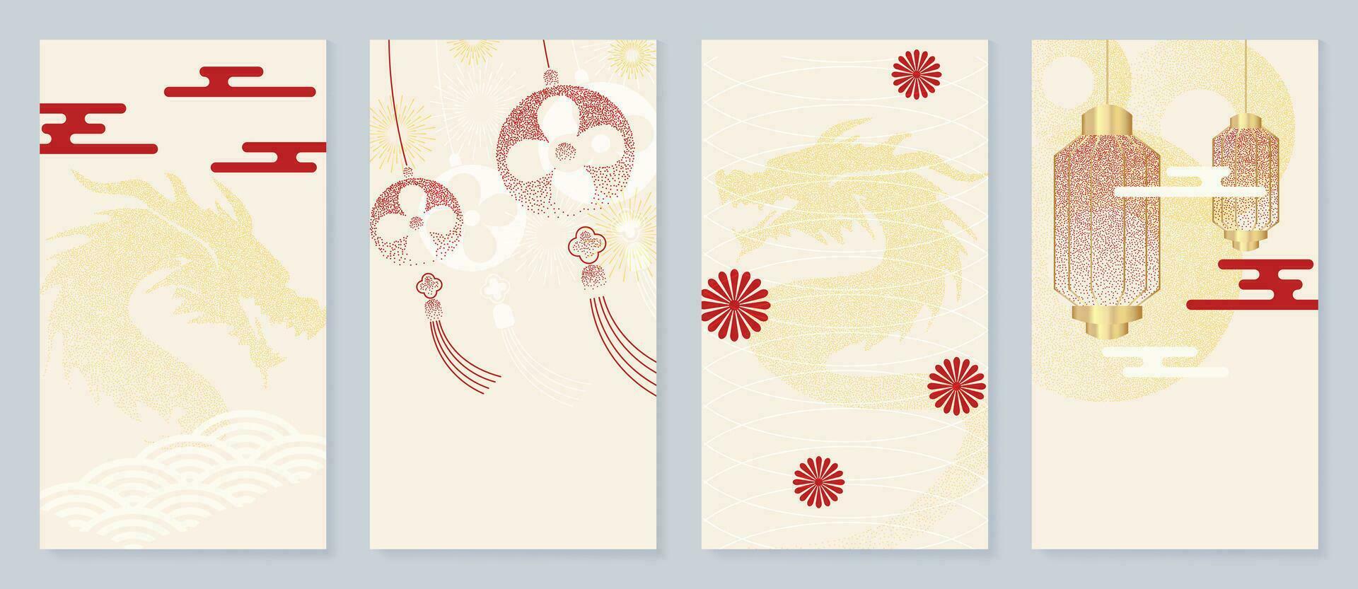 Chinese New Year cover background vector. Year of the dragon design with lanterns, sea wave, dragon, coin, flowers, firework, gold texture. Elegant oriental illustration for cover, banner, website. vector