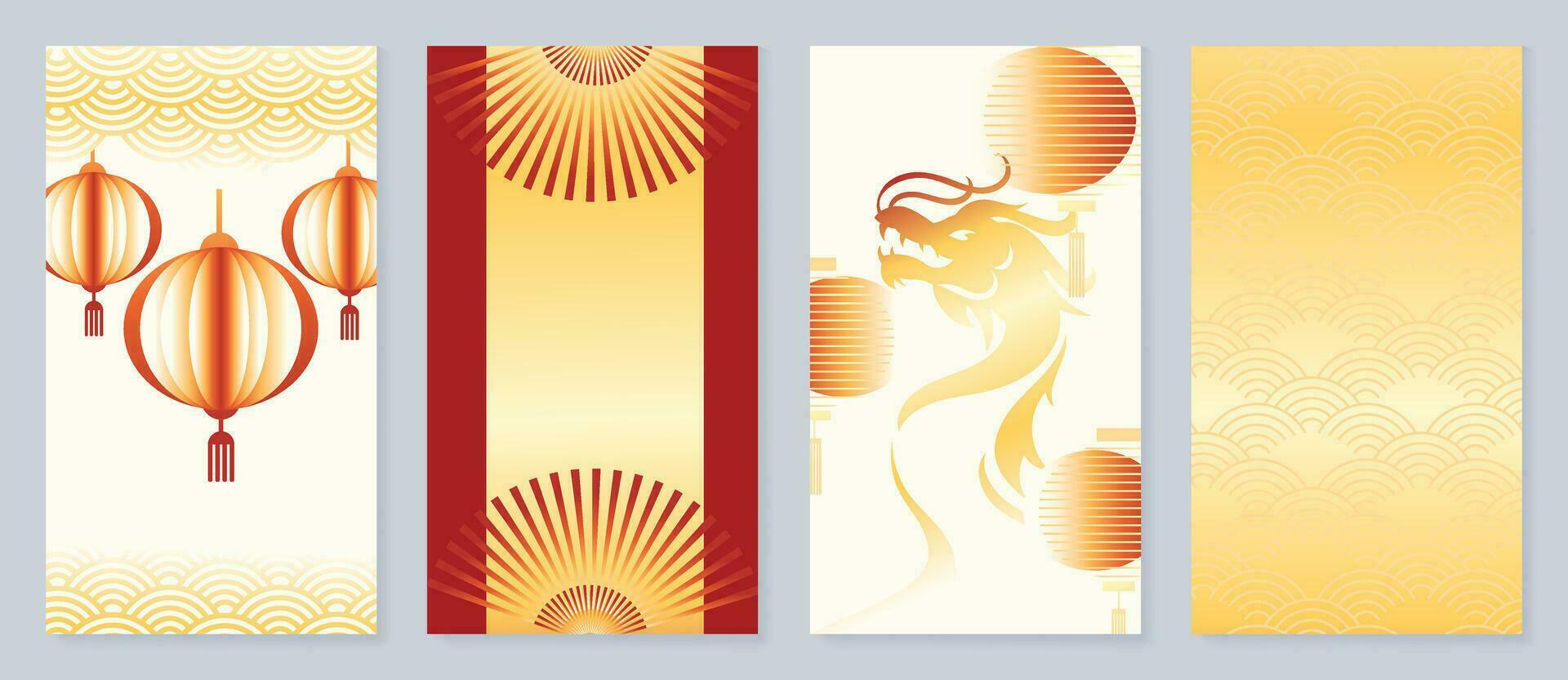 Happy Chinese New Year cover background vector. Year of the dragon design with lanterns, oriental sea wave pattern, dragon, Chinese fan. Elegant oriental illustration for cover, banner, website. vector