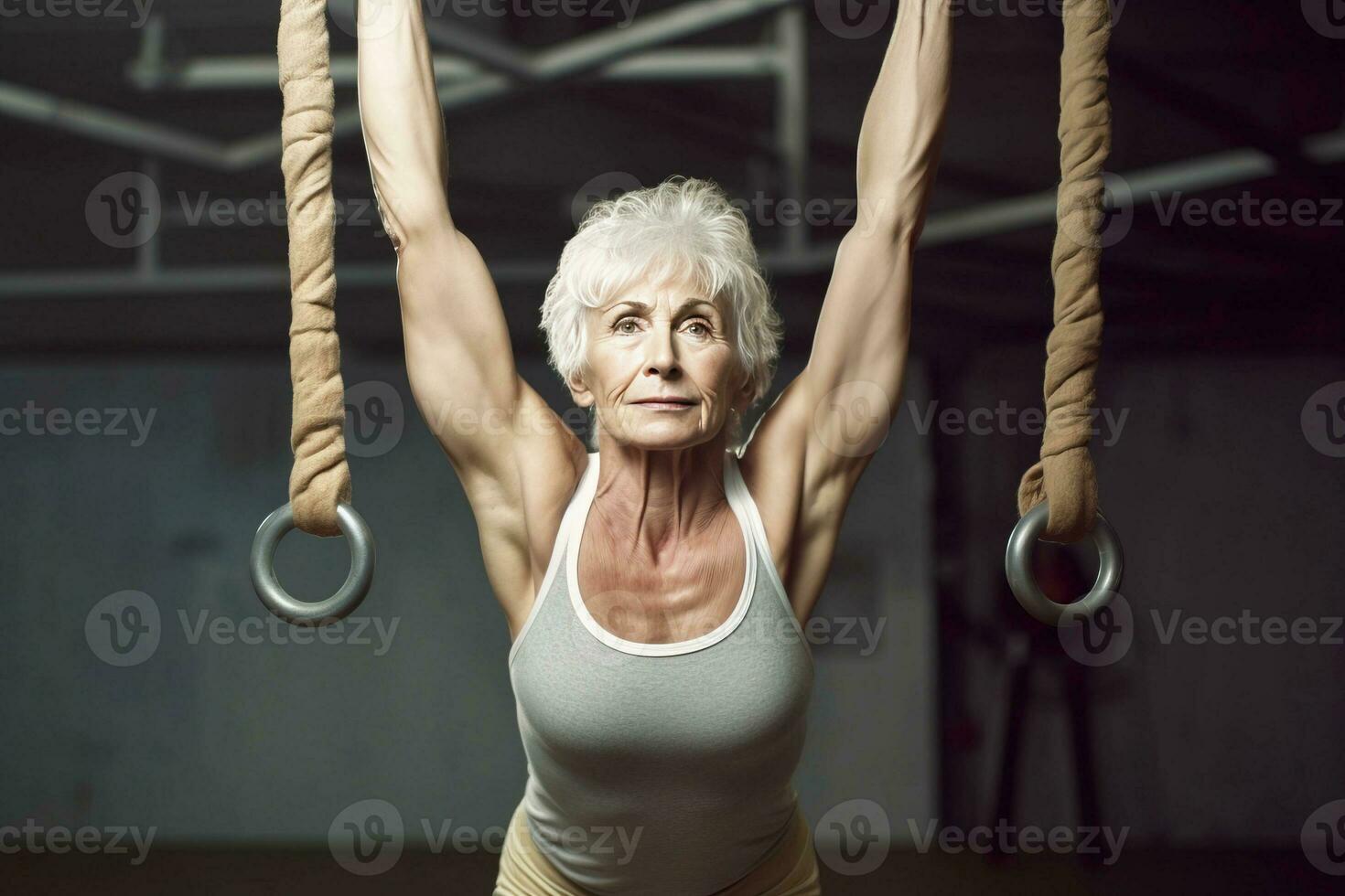 AI generated Portrait of athletic gray hair woman working out in gym . Fitness and bodybuilding concept photo