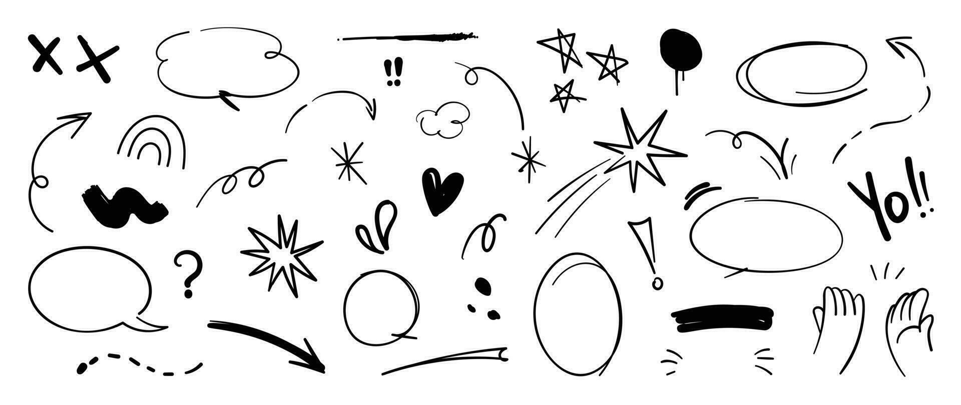 Set of cute pen line doodle element vector. Hand drawn doodle style collection of heart, arrows, scribble, speech bubble, chat, star, marks. Design for print, cartoon, card, decoration, sticker. vector