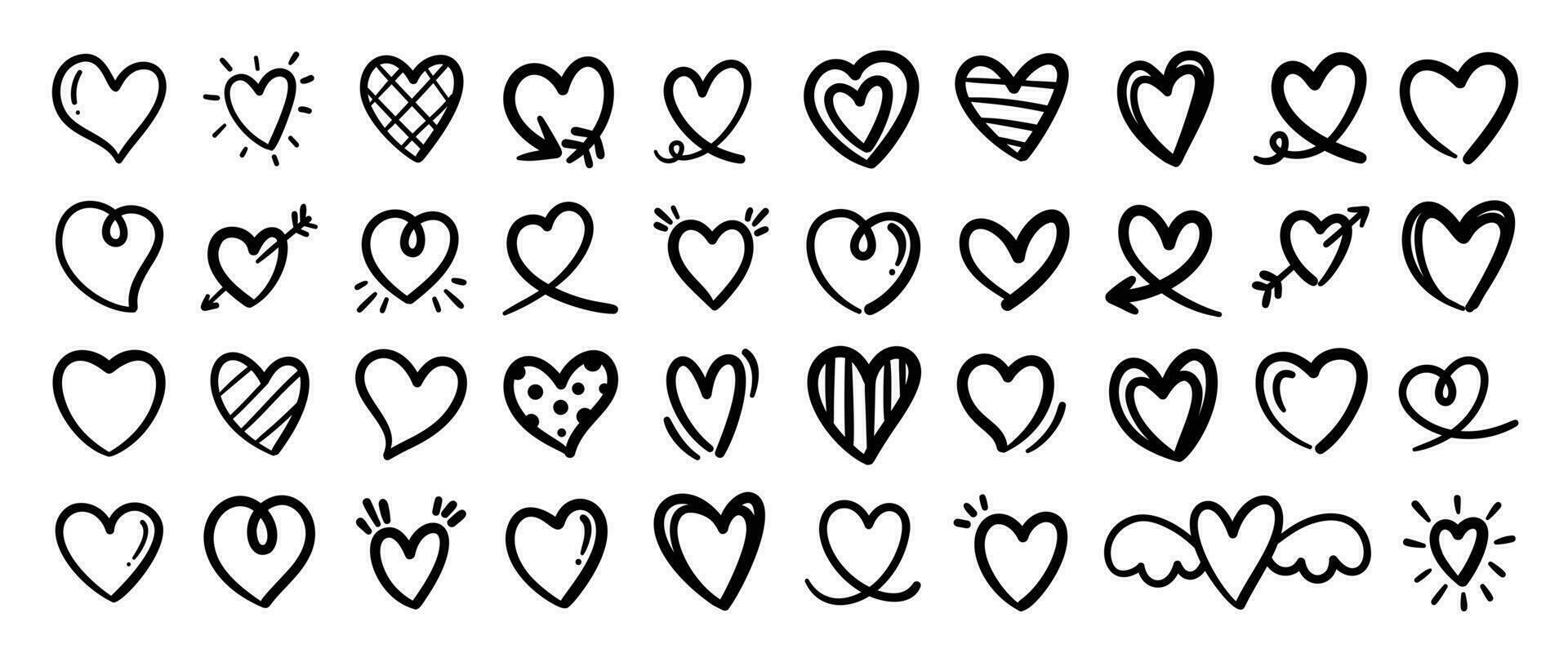 Set of heart doodle element vector. Hand drawn doodle style collection of different heart, love symbol. Illustration design for print, cartoon, card, decoration, sticker, icon, valentine day. vector