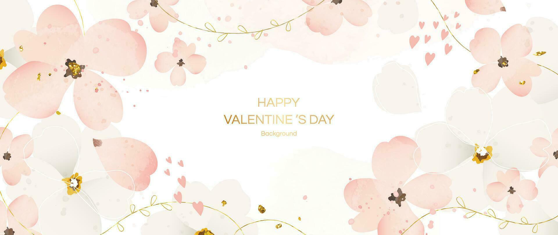 Happy Valentine's day watercolor vector background. Luxury flower wallpaper design with wild flower, line art , heart. Elegant gold botanical illustration suitable for greeting card, print, cover.