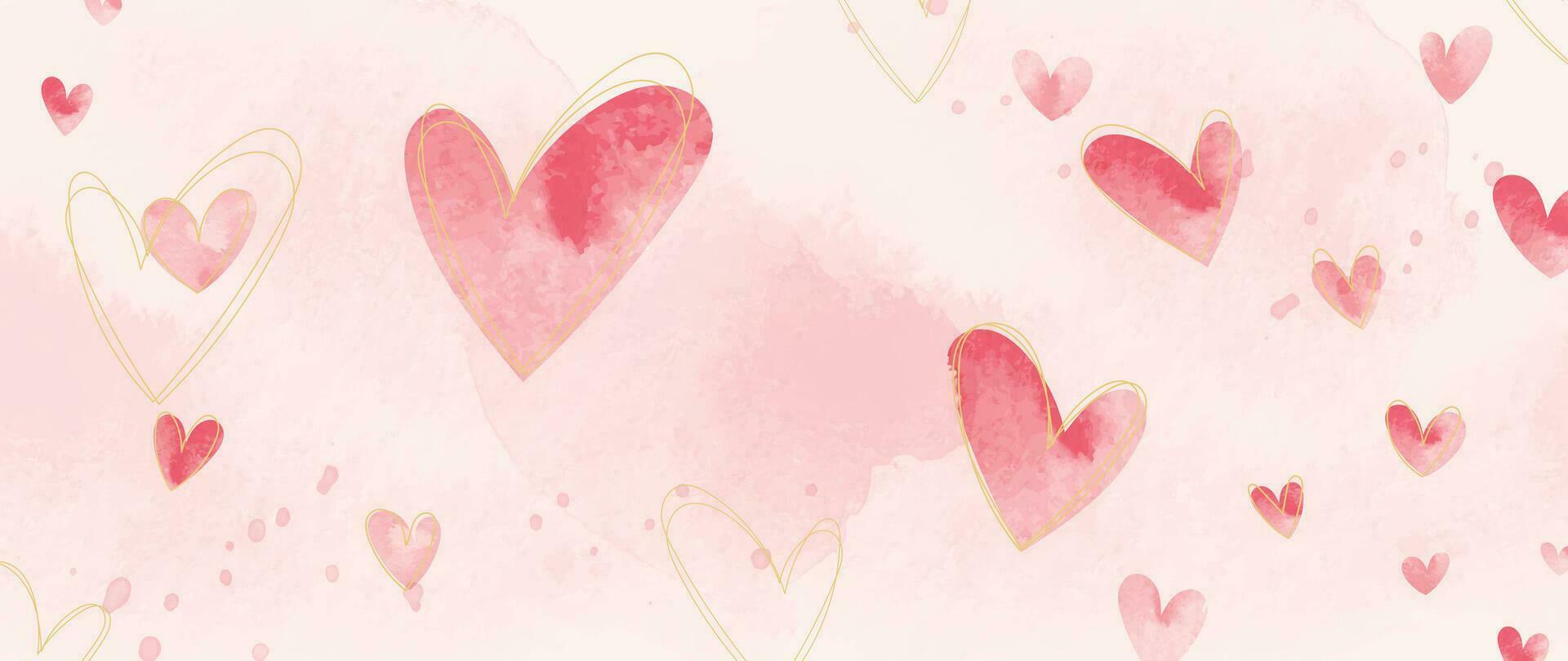 Happy Valentines day pink background vector. Romantic symbol drawing of pink doodle hearts watercolor texture, gold line. Love illustration for greeting card, web banner, fabric, package, cover. vector