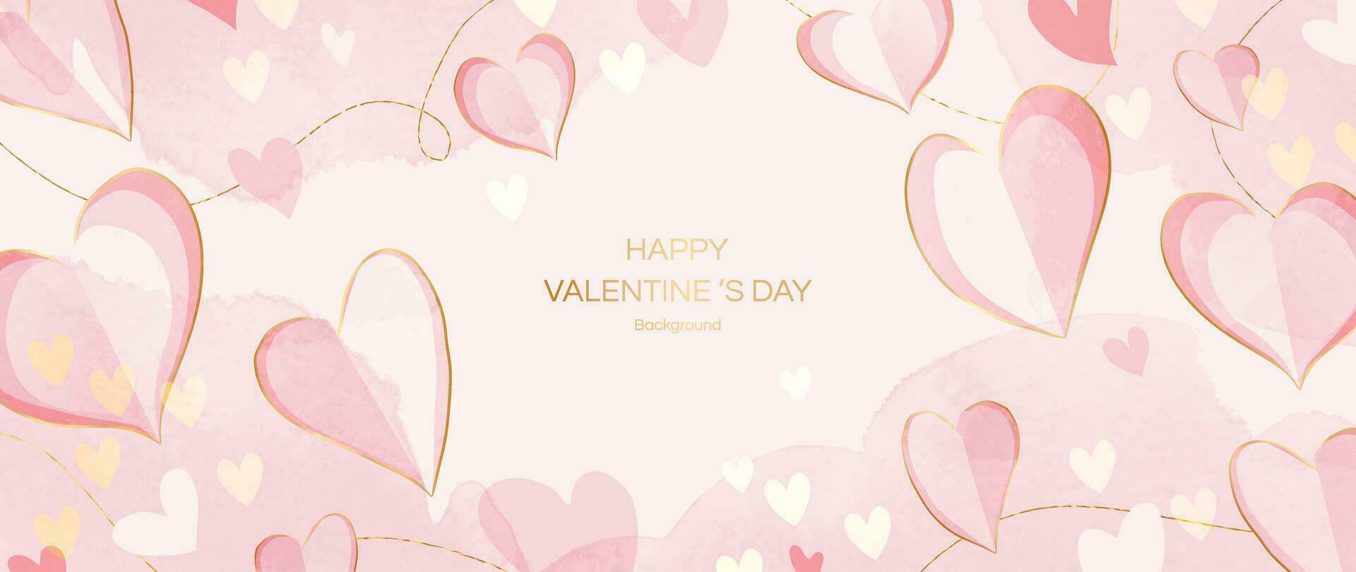 Happy Valentines day pink background vector. Romantic symbol drawing of pink doodle hearts watercolor texture, gold line. Love illustration for greeting card, web banner, fabric, package, cover. vector