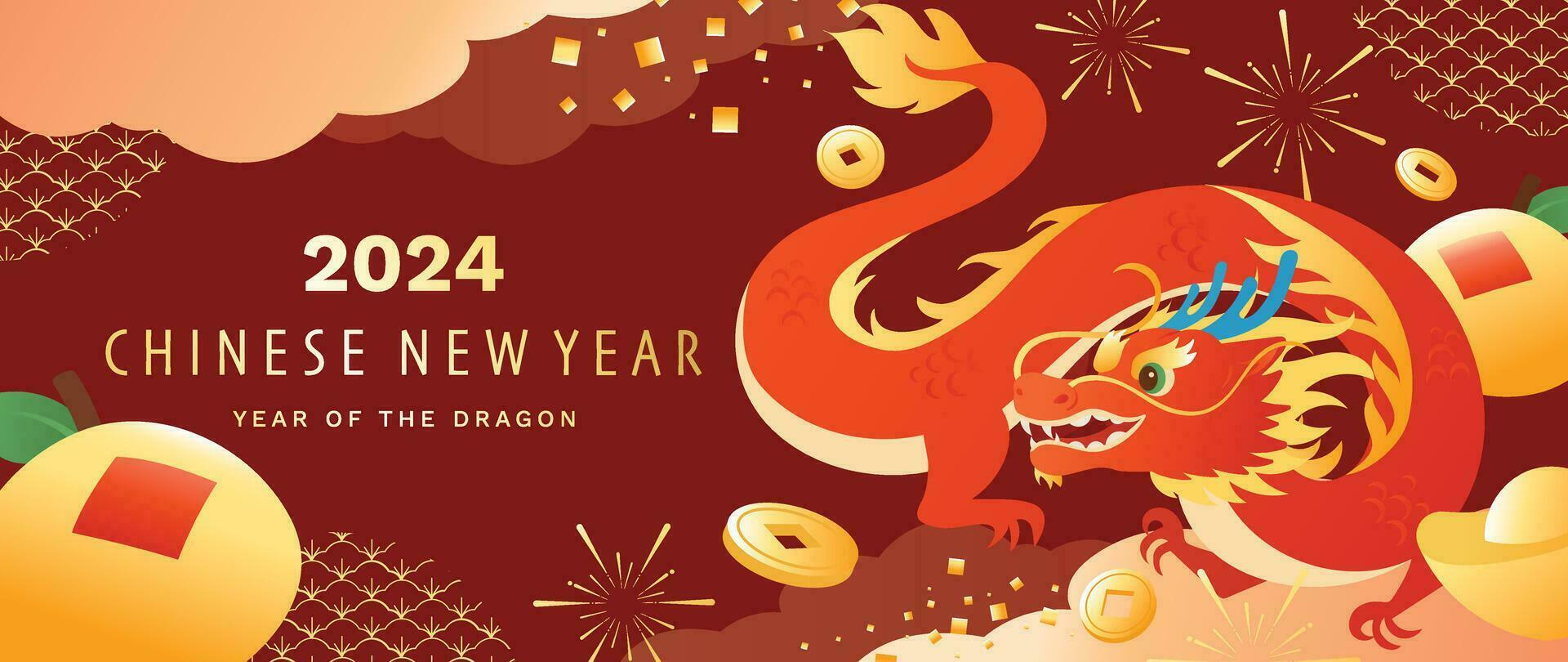 Happy Chinese new year background vector. Year of the dragon design wallpaper with dragon, orange, coin, firework, pattern. Modern luxury oriental illustration for cover, banner, website, decor. vector