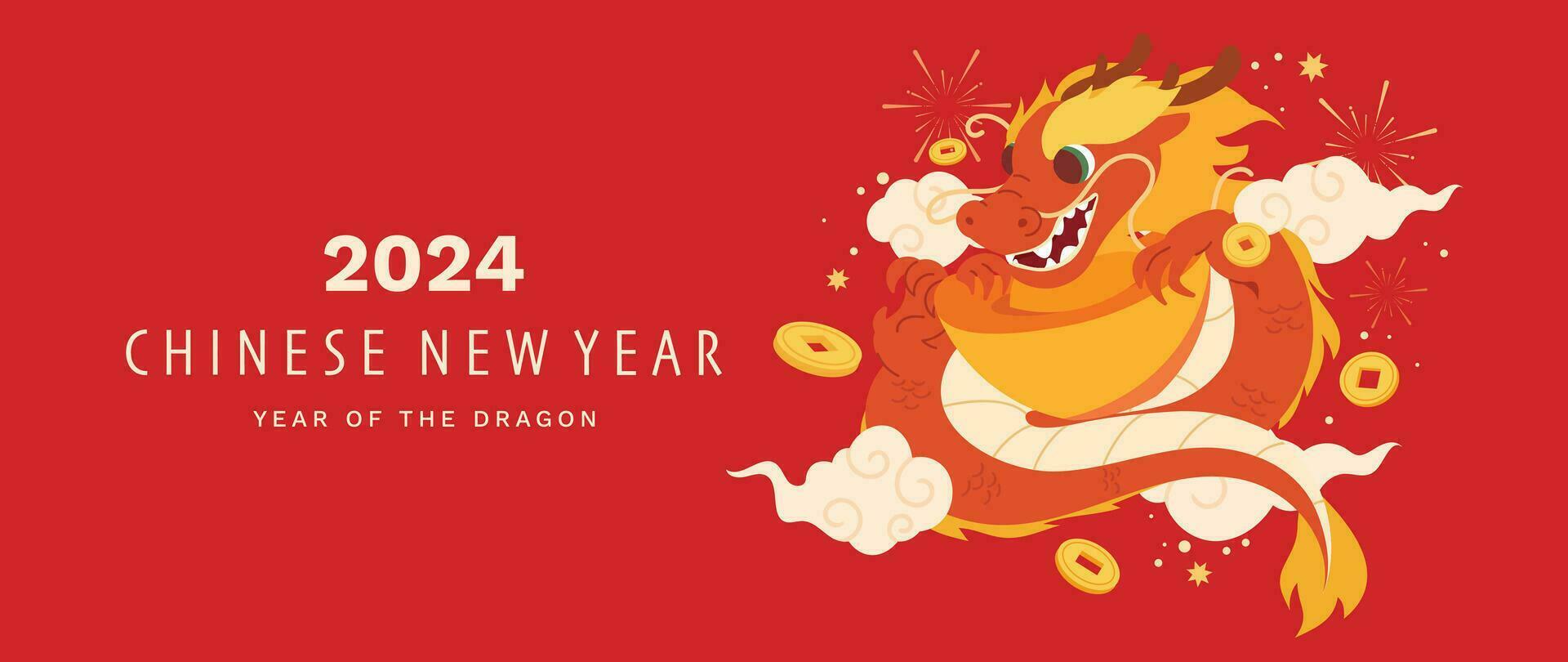 Happy Chinese new year background vector. Year of the dragon design wallpaper with dragon, chinese ingots gold, coin, firework. Modern luxury oriental illustration for cover, banner, website, decor. vector