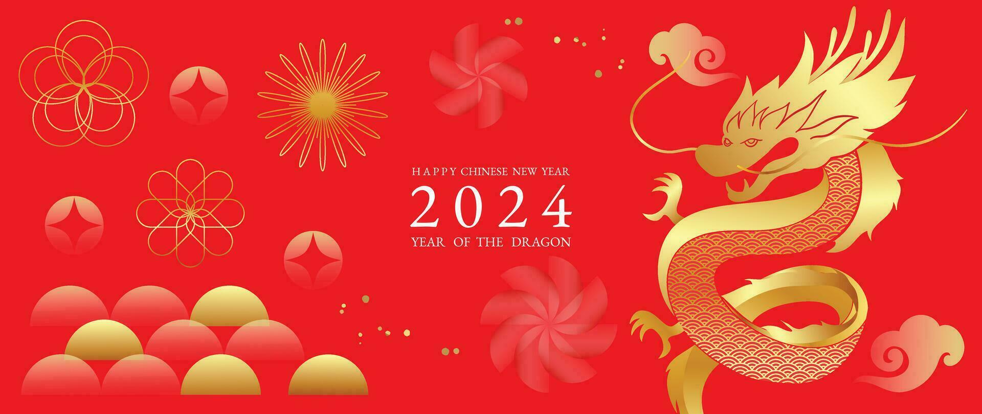 Happy Chinese new year background vector. Year of the dragon design wallpaper with dragon, flower, cloud, sparkle. Modern luxury oriental illustration for cover, banner, website, decor. vector