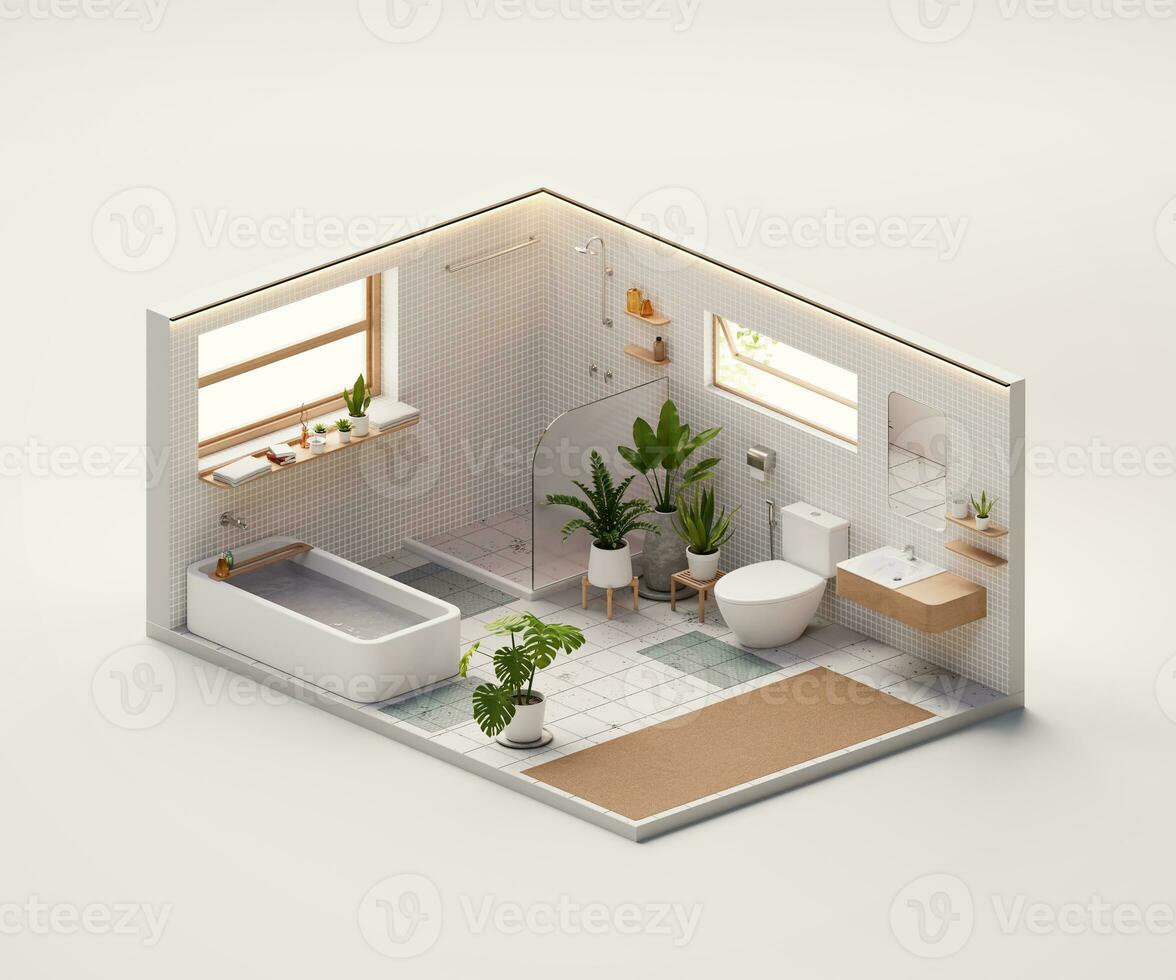 Isometric view bathroom open inside interior architecture 3d rendering without AI generated photo