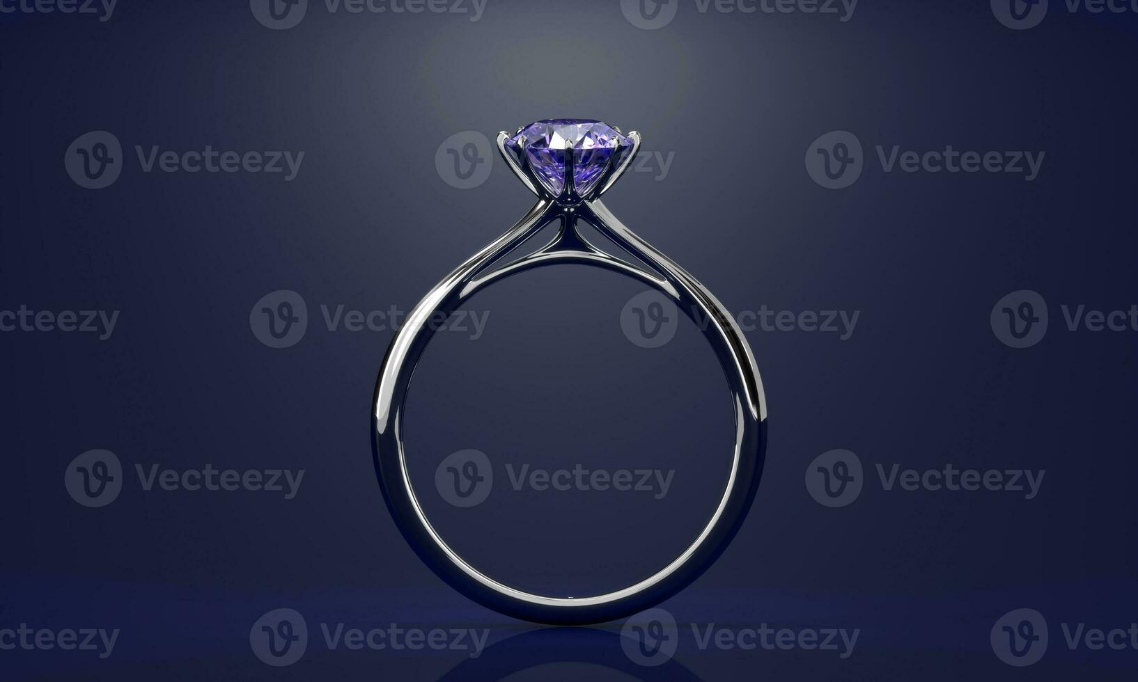 Violet brilliant diamond ring placed on deep blue background with light 3d rendering without ai generated photo