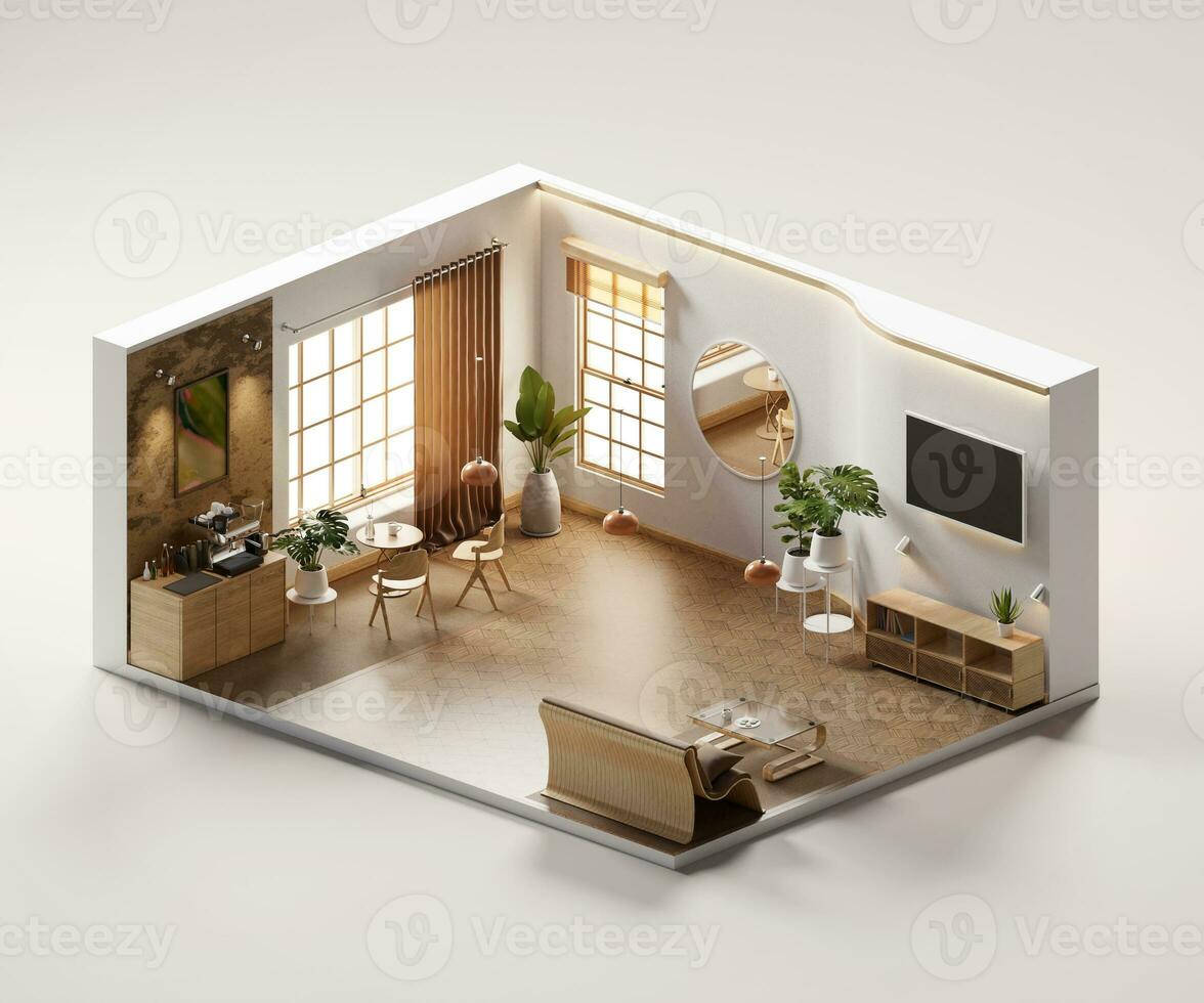 Isometric view living room muji style open inside interior architecture 3d rendering digital art without ai generated photo