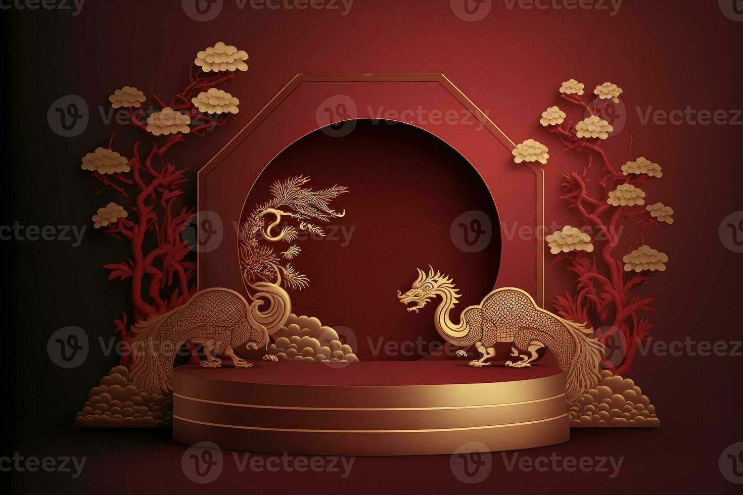 AI generated chinese new year paper art with dragon and flowers photo