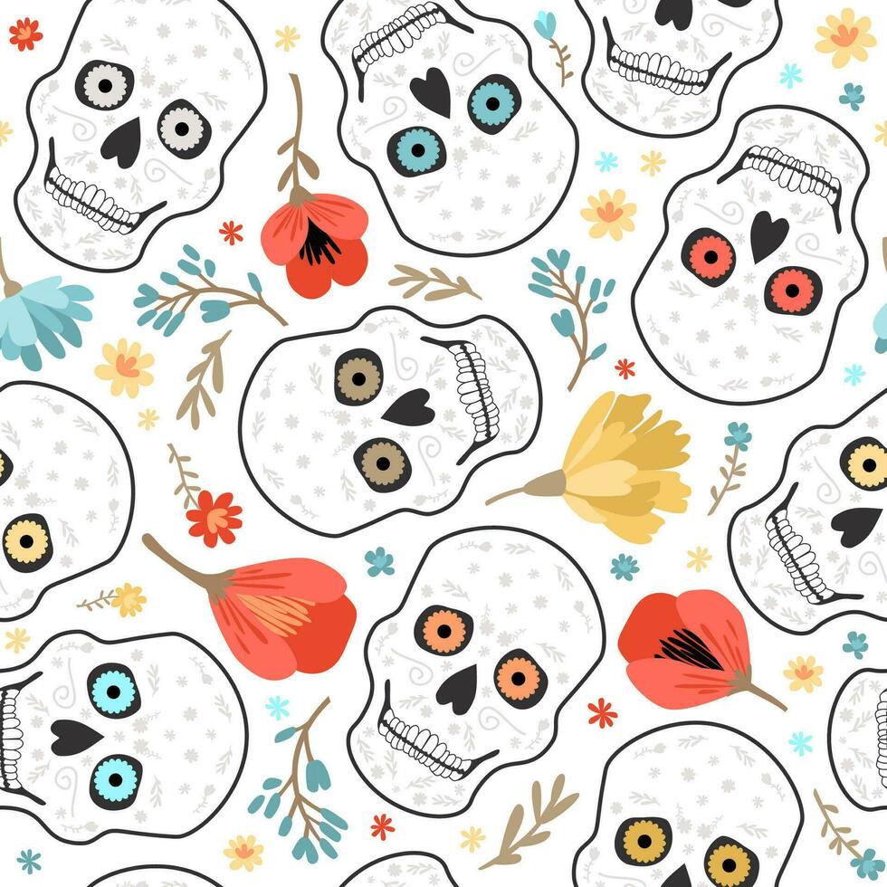 Seamless vector pattern of skulls and flowers. Day of the Dead.