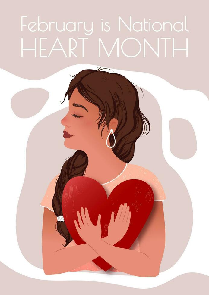 National Heart Month poster. Cute girl holds a heart in her hand. Template for your text. Delicate vector illustration.
