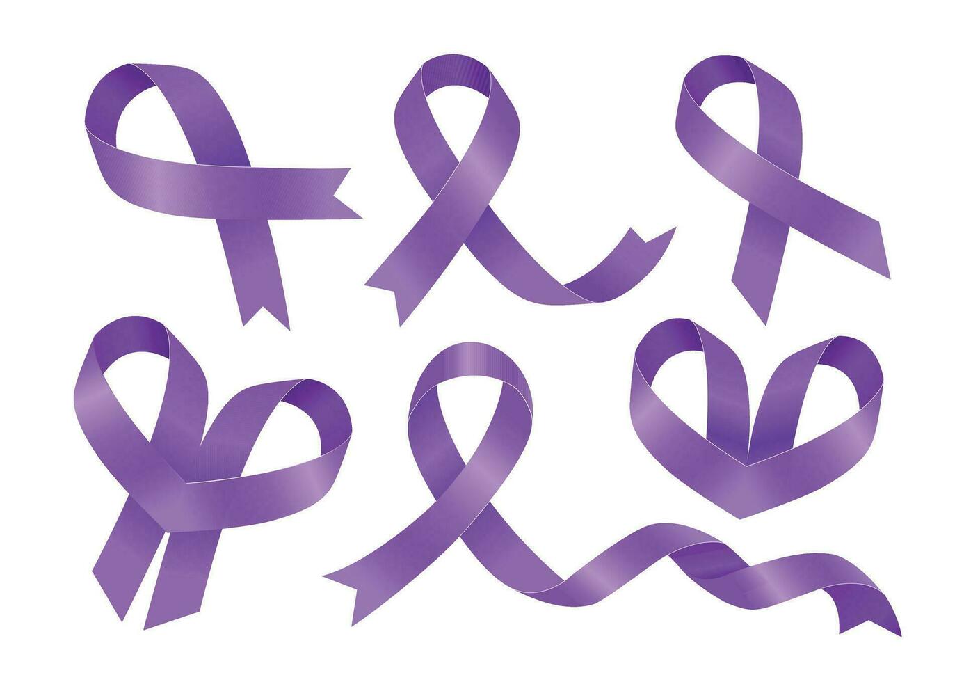 An extensive set of purple ribbons. Symbol of National Cancer Awareness Day. vector