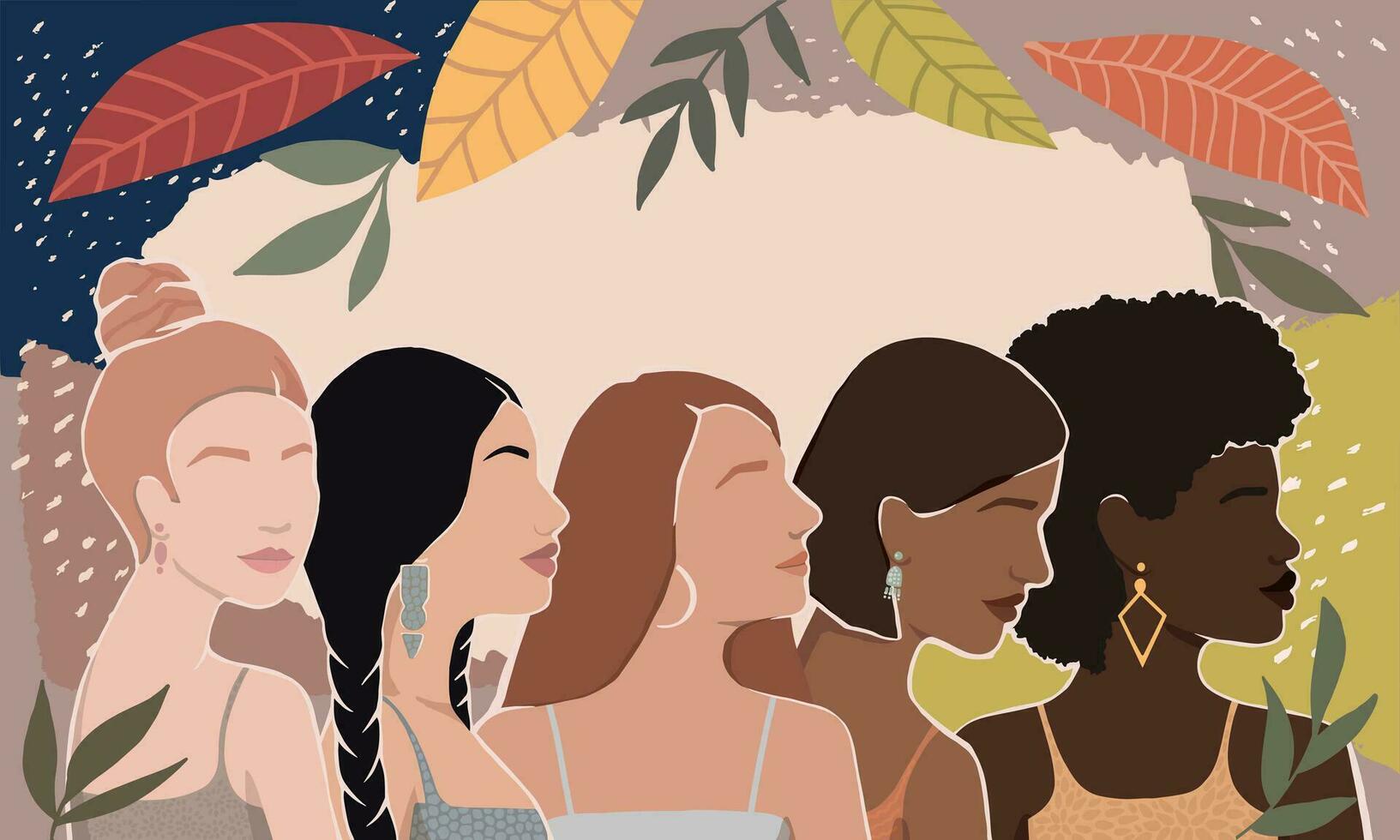 girls of different races together on an abstract autumn background with leaves. modern vector flat illustration. isolated by layers. for poster, postcard, banner, magazine cover. women support.