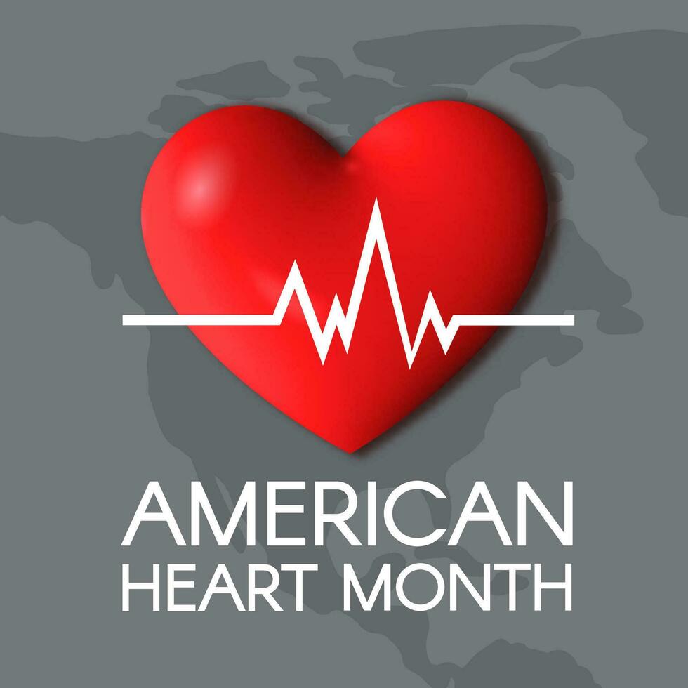 American Heart Month square banner. Heartbeat line on the heart. Vector 3D illustration